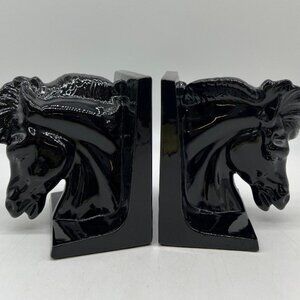 Vintage Black Stallion Head Ceramic Bookends  6” tall Exc shape Very glossy